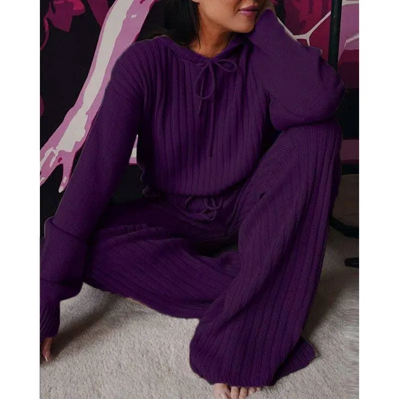 Ladies Solid Long Sleeves Top Long Pants Set OM9436