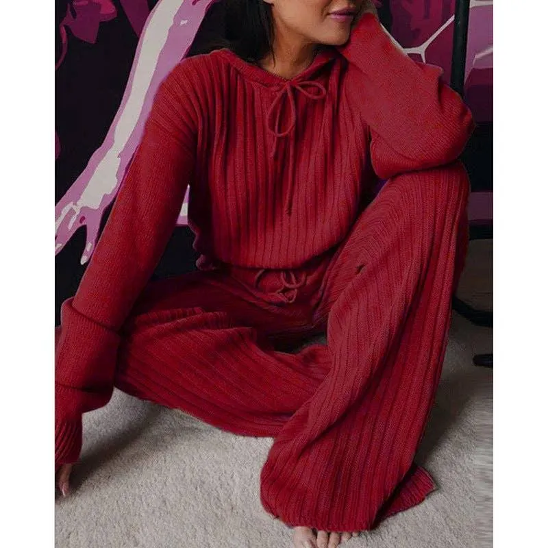 Ladies Solid Long Sleeves Top Long Pants Set OM9436