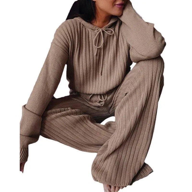 Ladies Solid Long Sleeves Top Long Pants Set OM9436