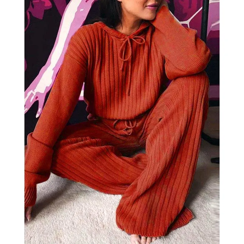 Ladies Solid Long Sleeves Top Long Pants Set OM9436