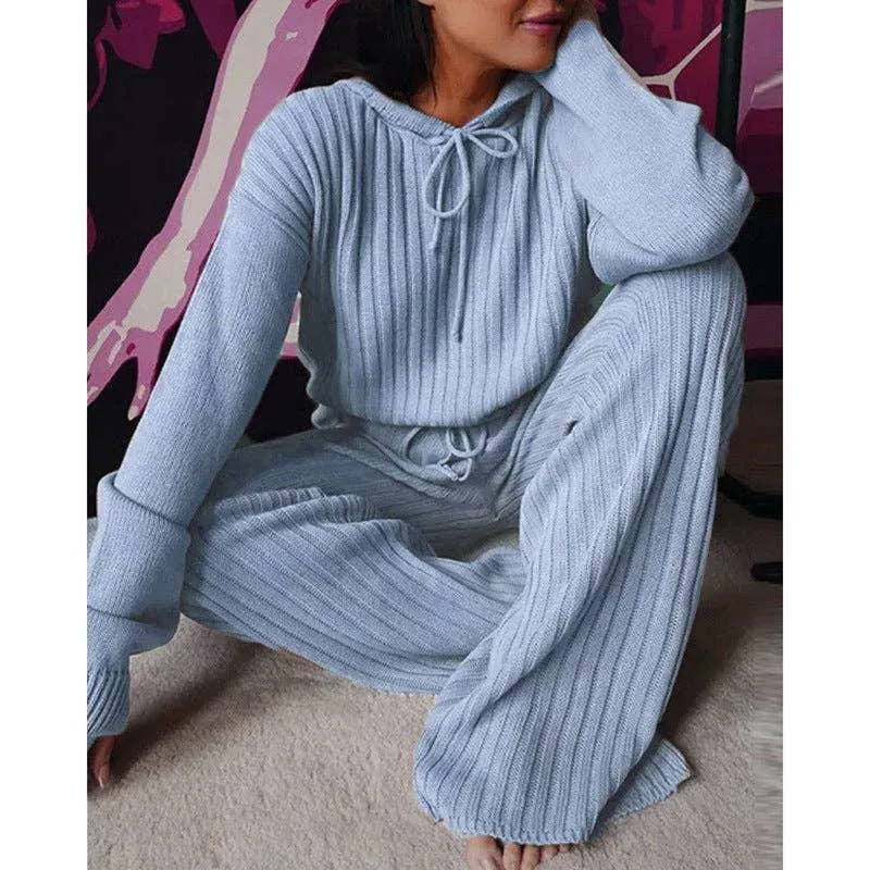Ladies Solid Long Sleeves Top Long Pants Set OM9436