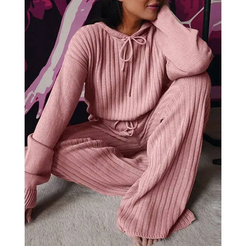 Ladies Solid Long Sleeves Top Long Pants Set OM9436