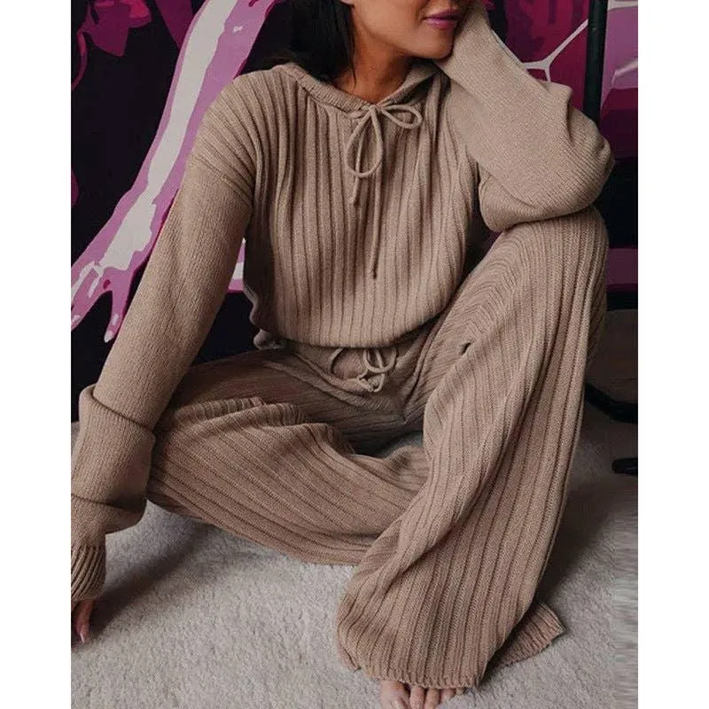 Ladies Solid Long Sleeves Top Long Pants Set OM9436
