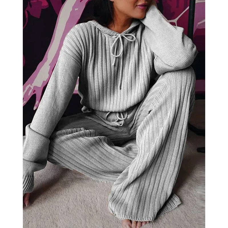 Ladies Solid Long Sleeves Top Long Pants Set OM9436