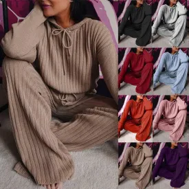 Ladies Solid Long Sleeves Top Long Pants Set OM9436