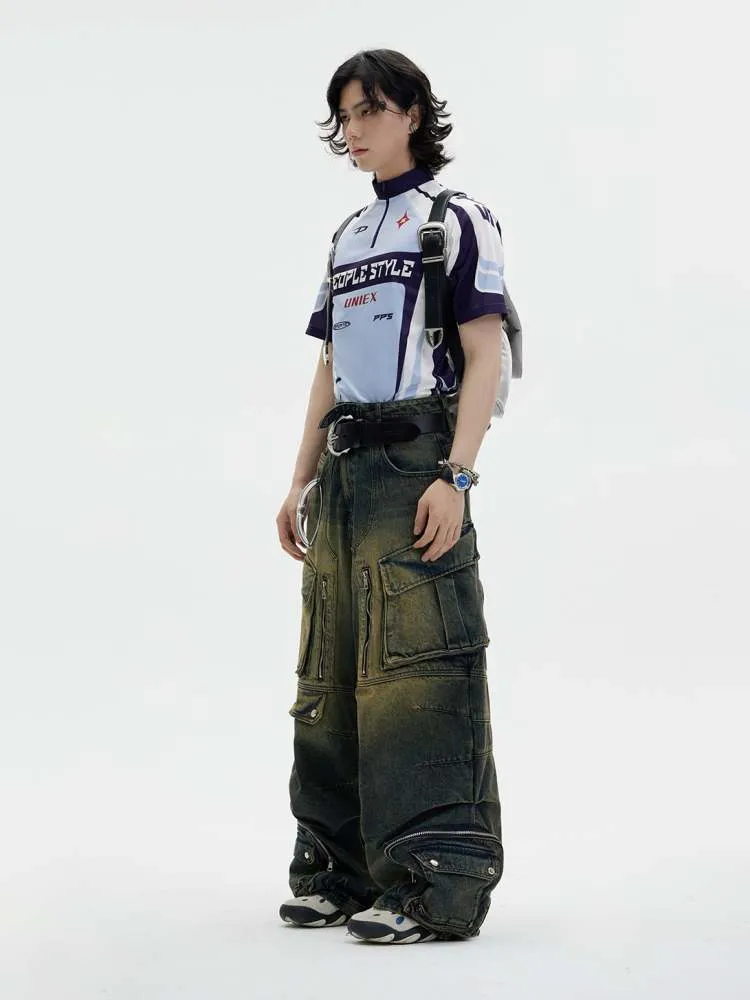 Multi Pocket Wide Leg Washed Denim Jeans【s0000006749】