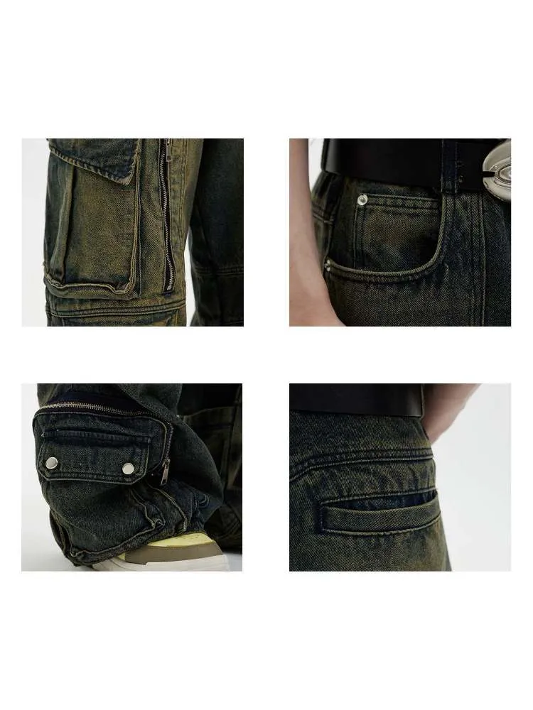 Multi Pocket Wide Leg Washed Denim Jeans【s0000006749】