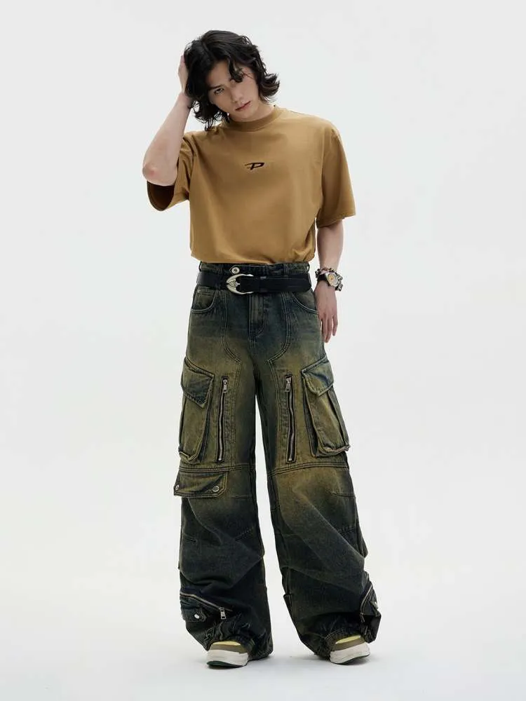 Multi Pocket Wide Leg Washed Denim Jeans【s0000006749】