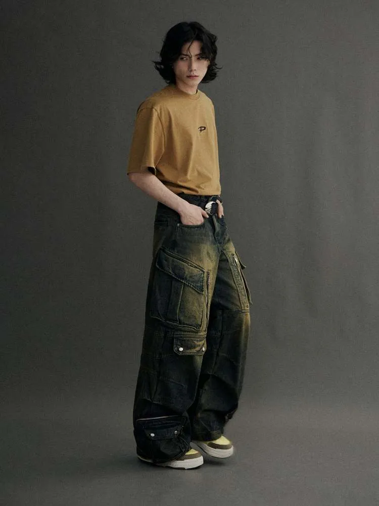 Multi Pocket Wide Leg Washed Denim Jeans【s0000006749】