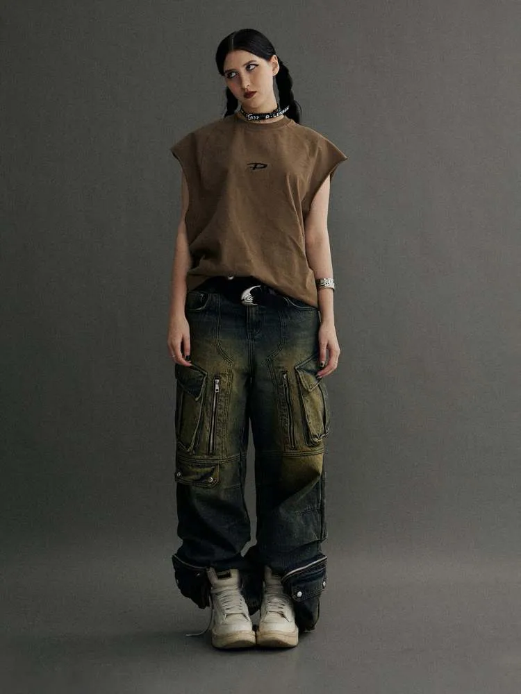 Multi Pocket Wide Leg Washed Denim Jeans【s0000006749】