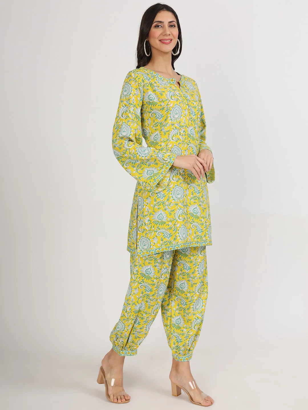 Mustard Floral Print Rayon Co-Ord Set For Women