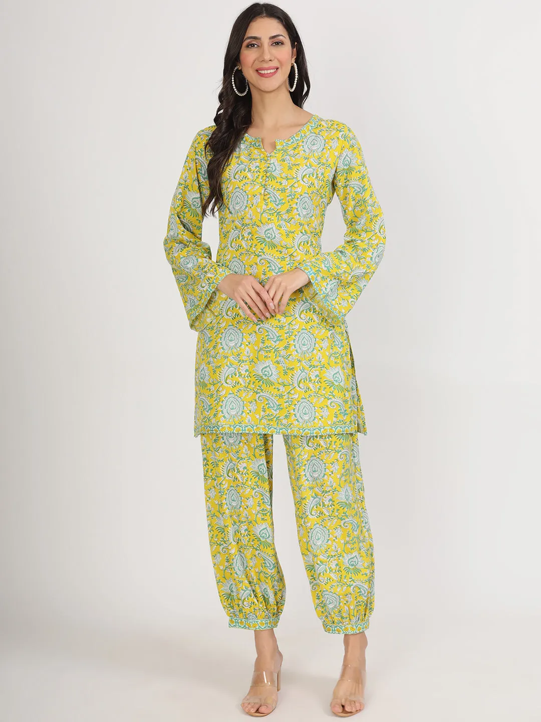 Mustard Floral Print Rayon Co-Ord Set For Women