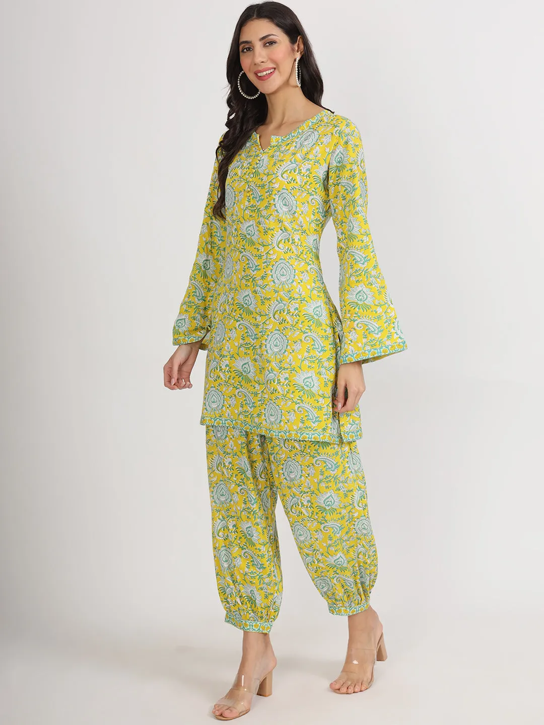 Mustard Floral Print Rayon Co-Ord Set For Women