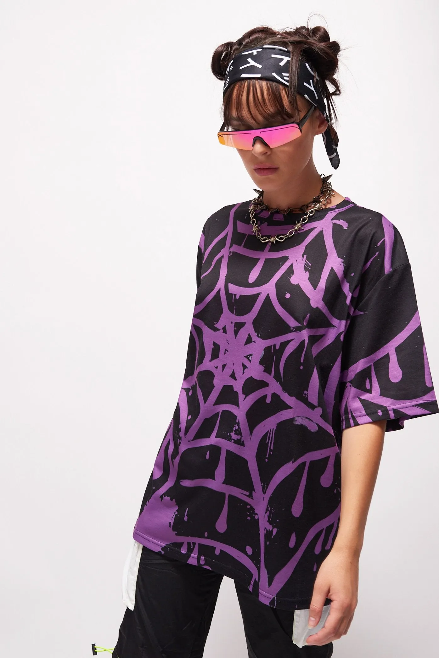 Parallel Purple Spider Web Print T-Shirt