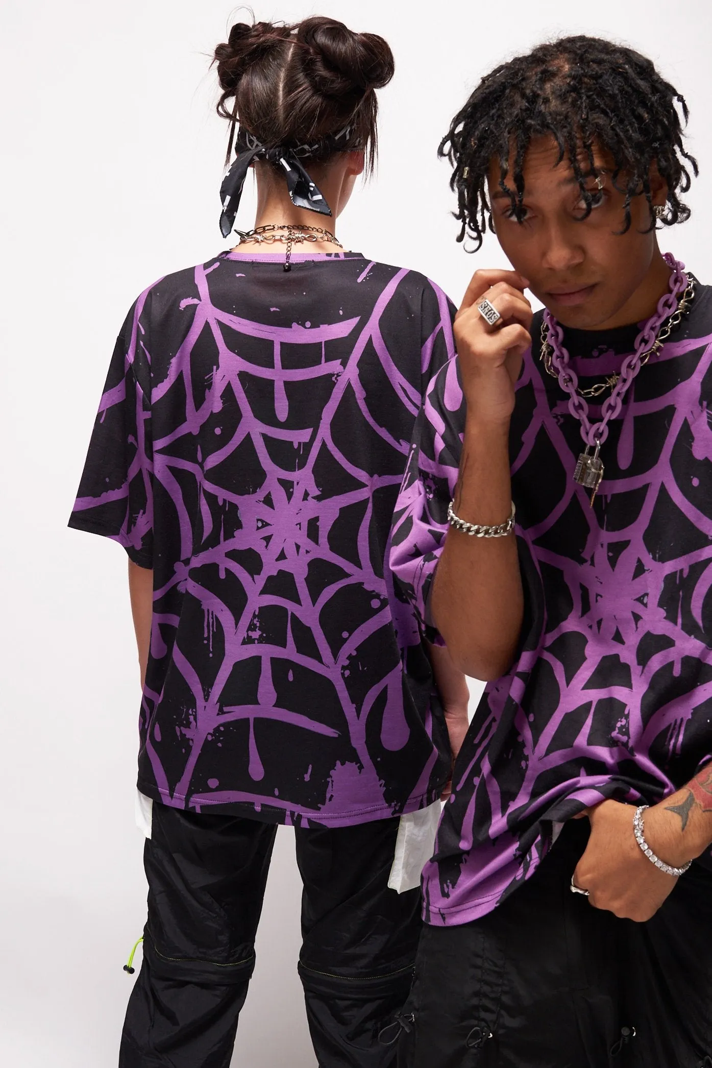 Parallel Purple Spider Web Print T-Shirt