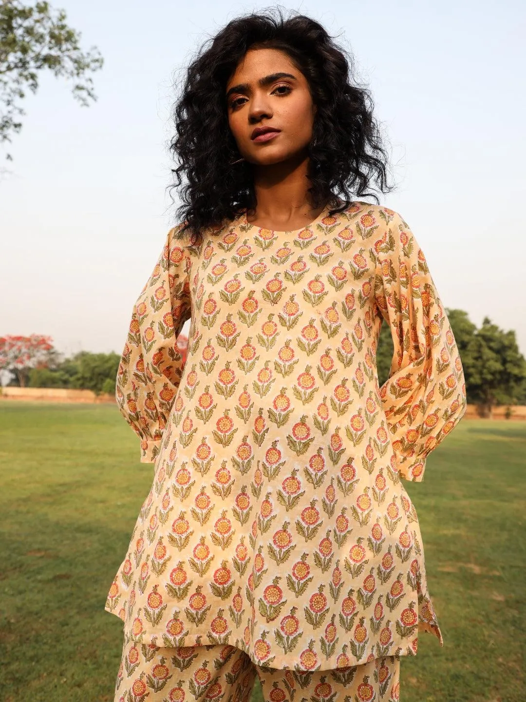 Peach Cotton Block Print Baggy Sleeve Co-Ord Set