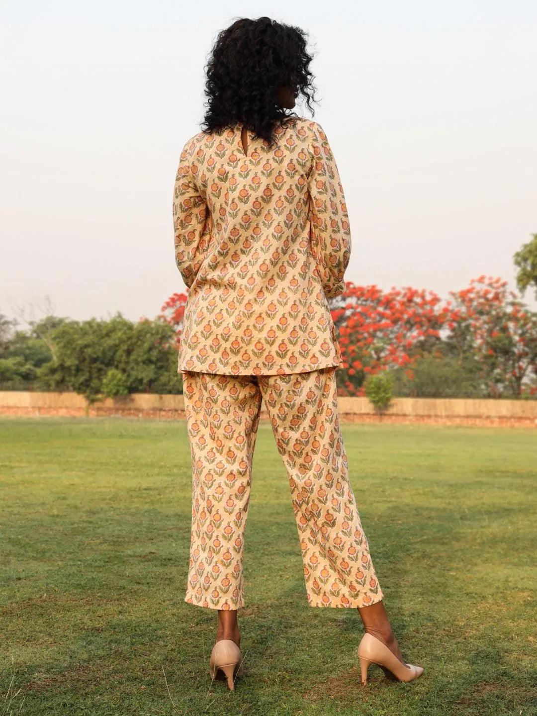 Peach Cotton Block Print Baggy Sleeve Co-Ord Set