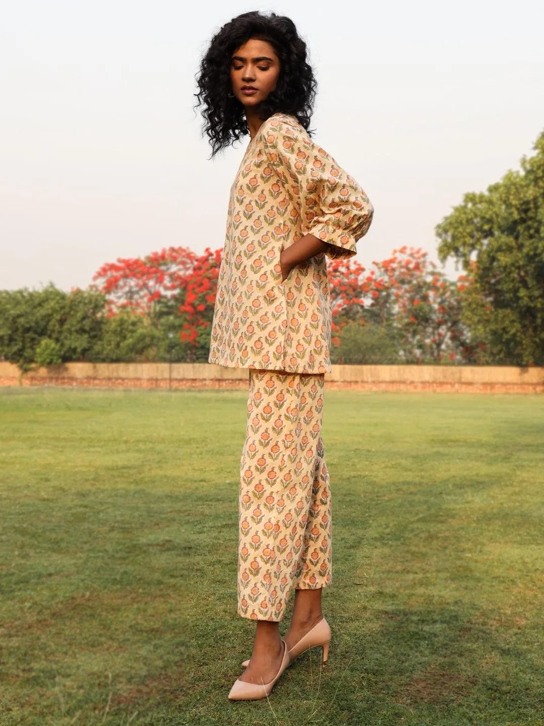 Peach Cotton Block Print Baggy Sleeve Co-Ord Set