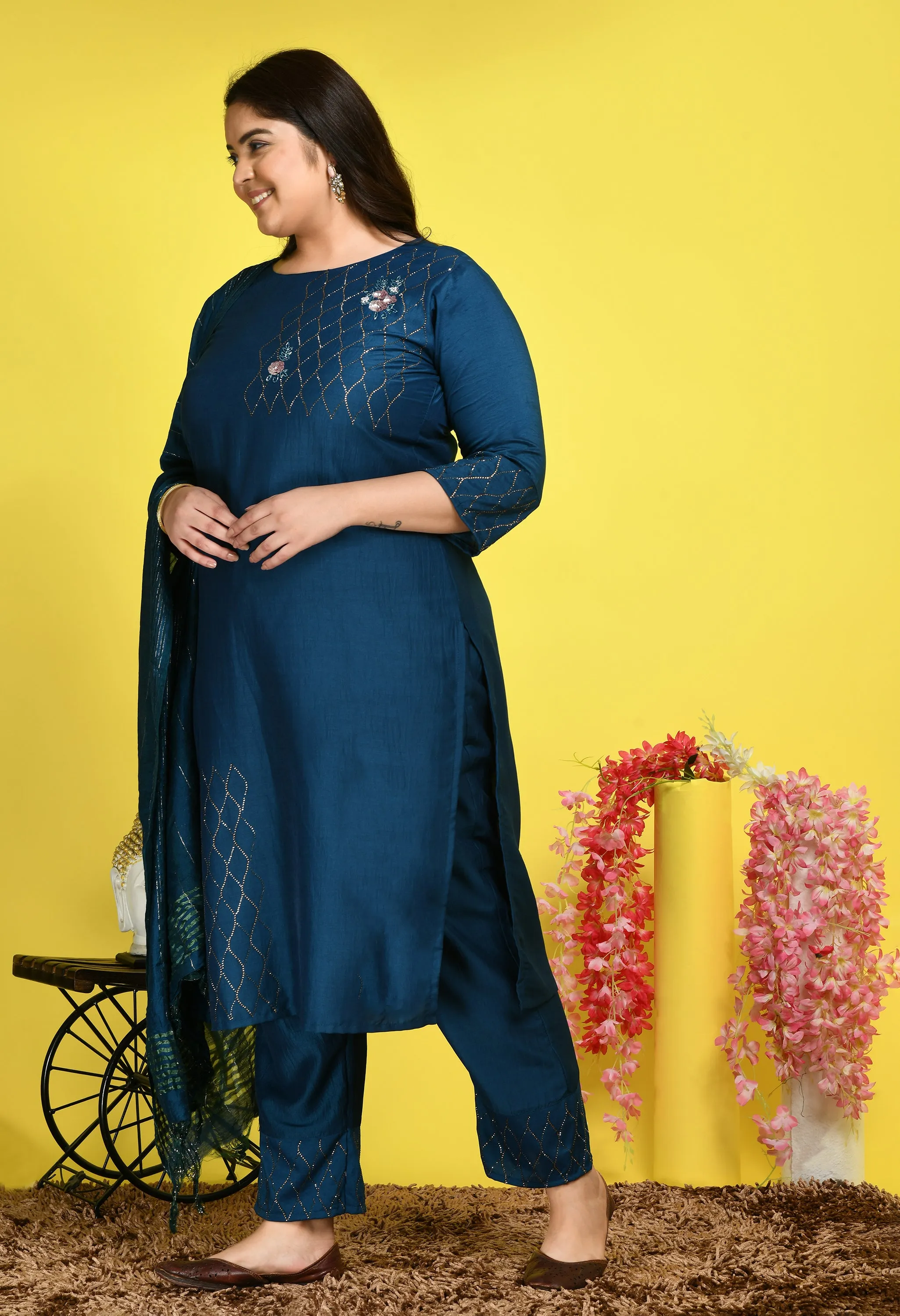 Plus Size Cross Sequin Teal Blue Kurta Set with Dupatta