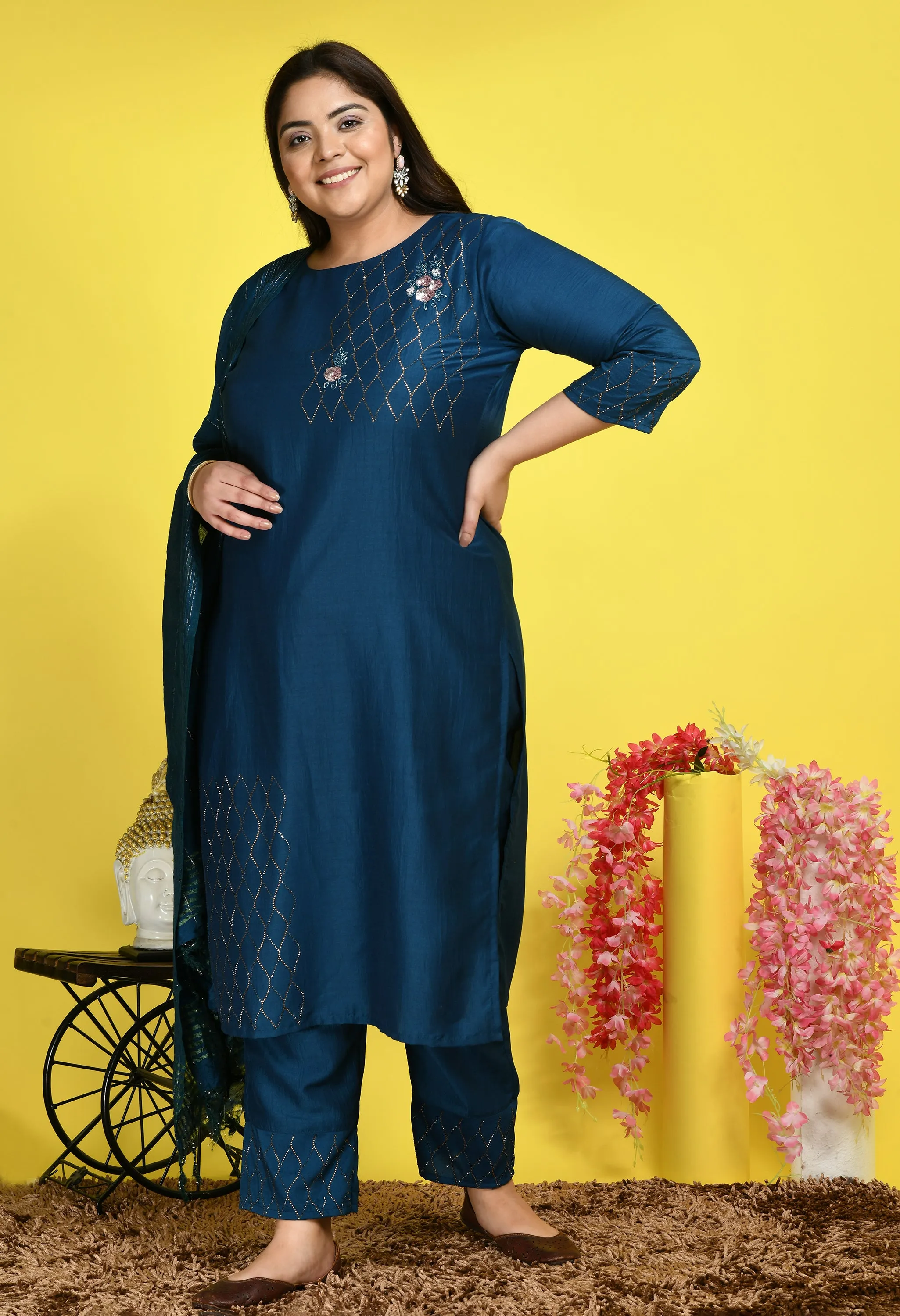 Plus Size Cross Sequin Teal Blue Kurta Set with Dupatta