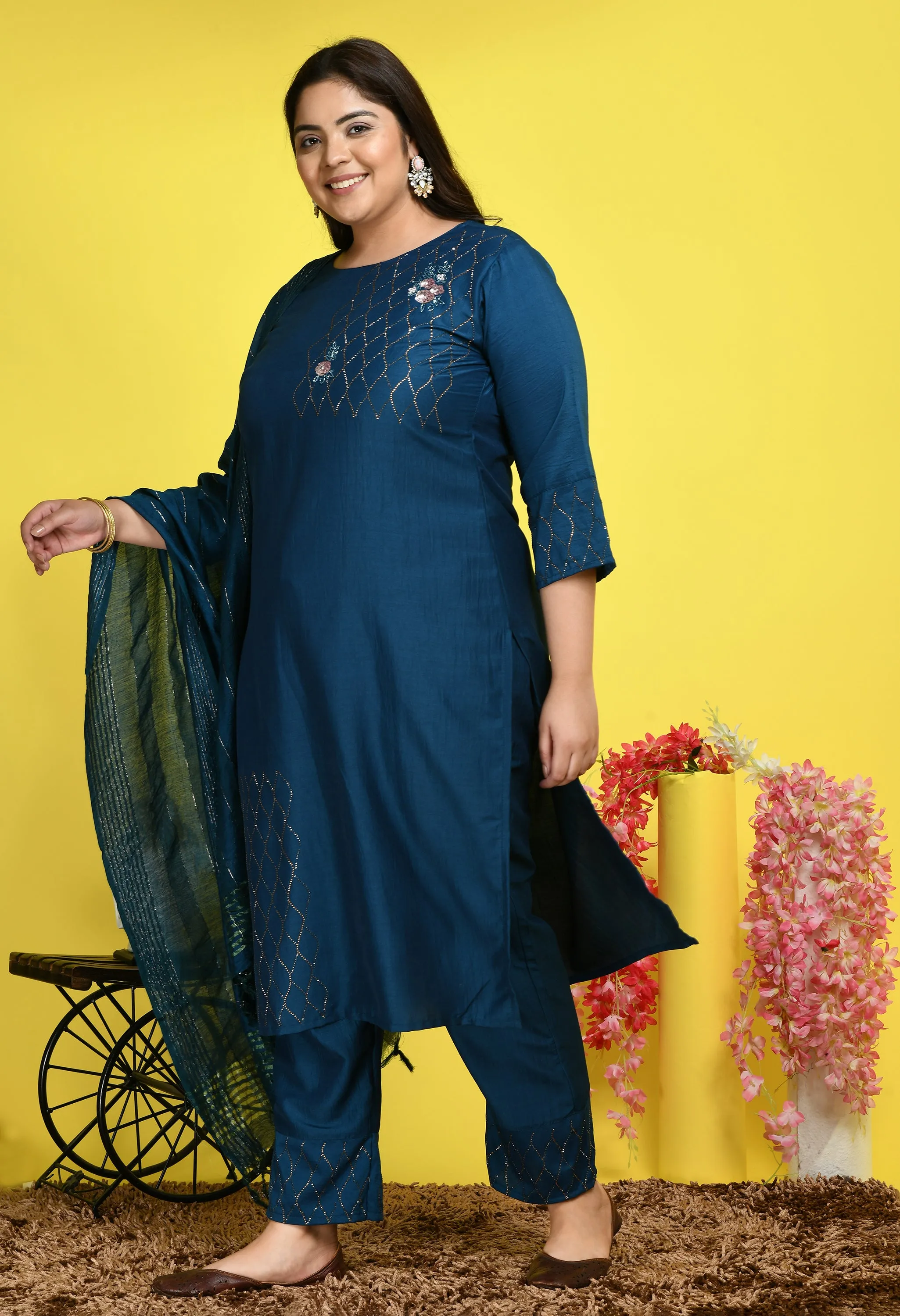 Plus Size Cross Sequin Teal Blue Kurta Set with Dupatta