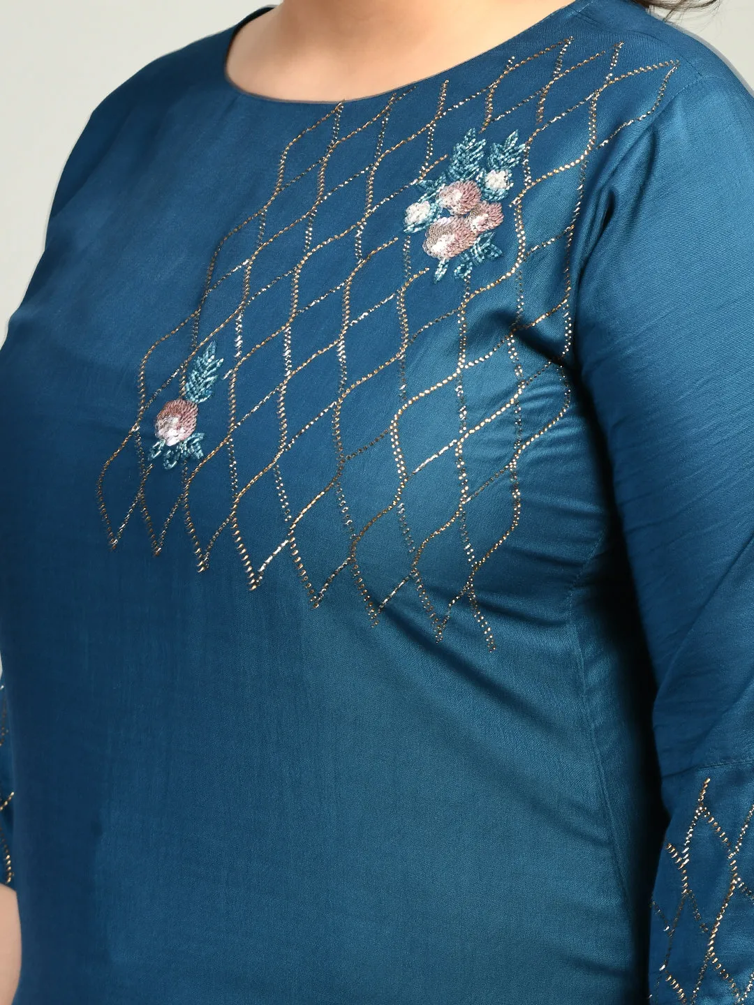 Plus Size Cross Sequin Teal Blue Kurta Set with Dupatta