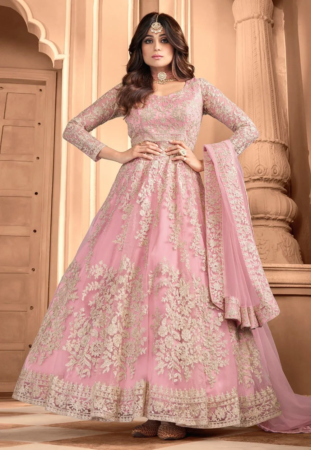 Pretty Pink Shamita Shetty Net Floor Length Anarkali Suit