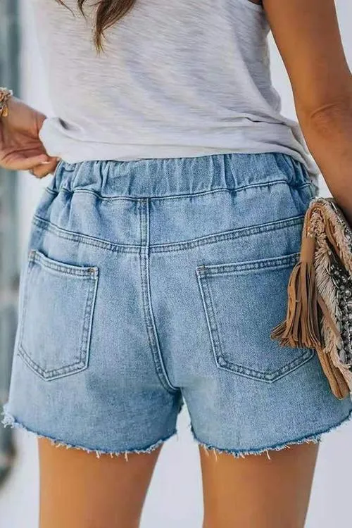 Raw Edge Drawstring Denim Shorts