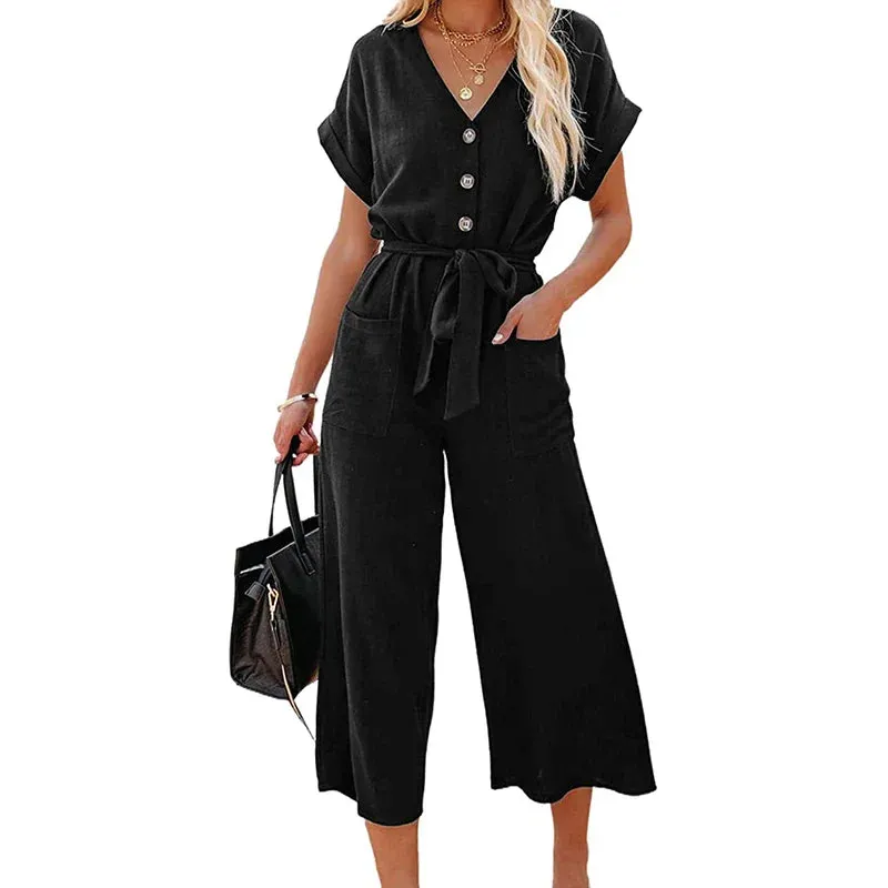 Short Sleeve V-neck Button Closure Solid Pockets Waist Tie Pants Cropped Romper
