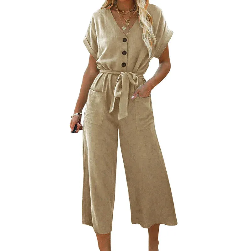Short Sleeve V-neck Button Closure Solid Pockets Waist Tie Pants Cropped Romper