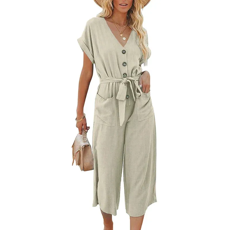 Short Sleeve V-neck Button Closure Solid Pockets Waist Tie Pants Cropped Romper