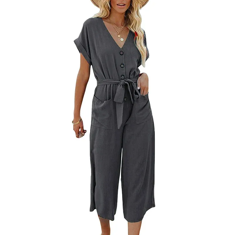 Short Sleeve V-neck Button Closure Solid Pockets Waist Tie Pants Cropped Romper