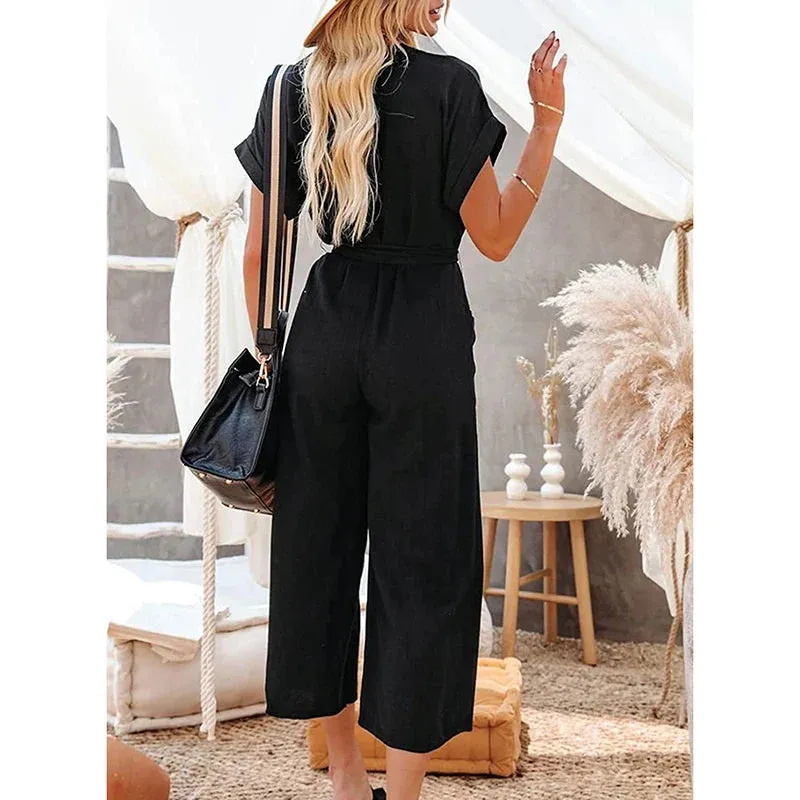 Short Sleeve V-neck Button Closure Solid Pockets Waist Tie Pants Cropped Romper