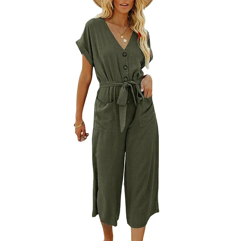 Short Sleeve V-neck Button Closure Solid Pockets Waist Tie Pants Cropped Romper