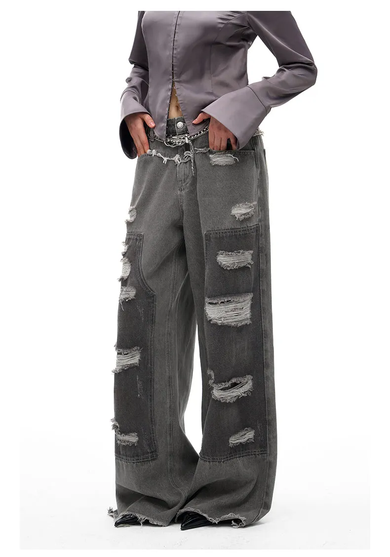 Street Design Contrast Ripped Denim Pants