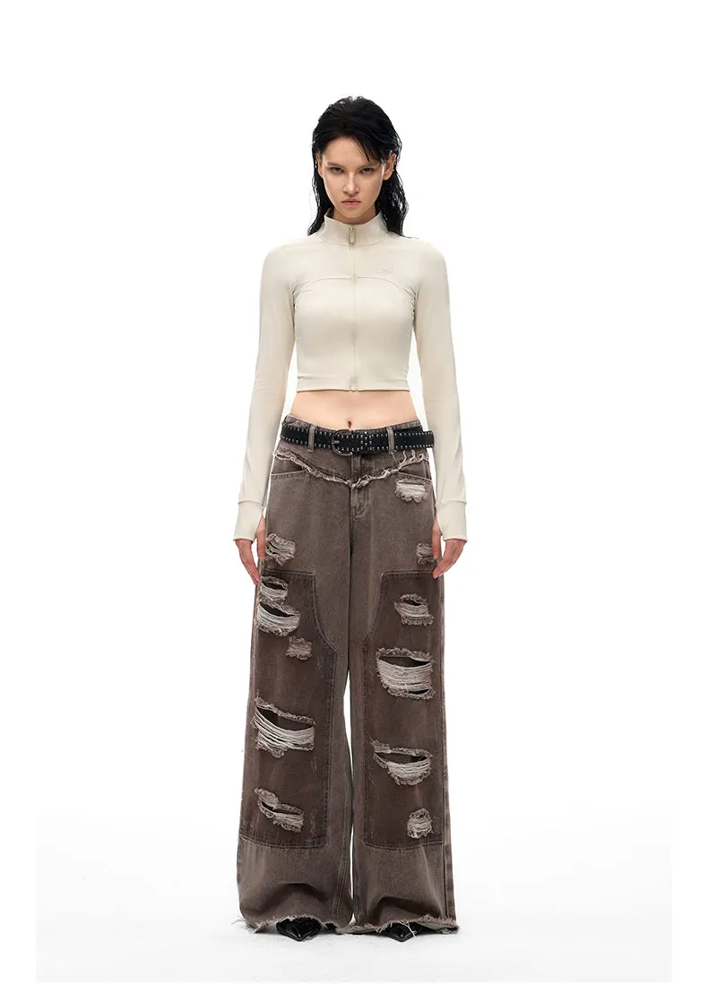 Street Design Contrast Ripped Denim Pants