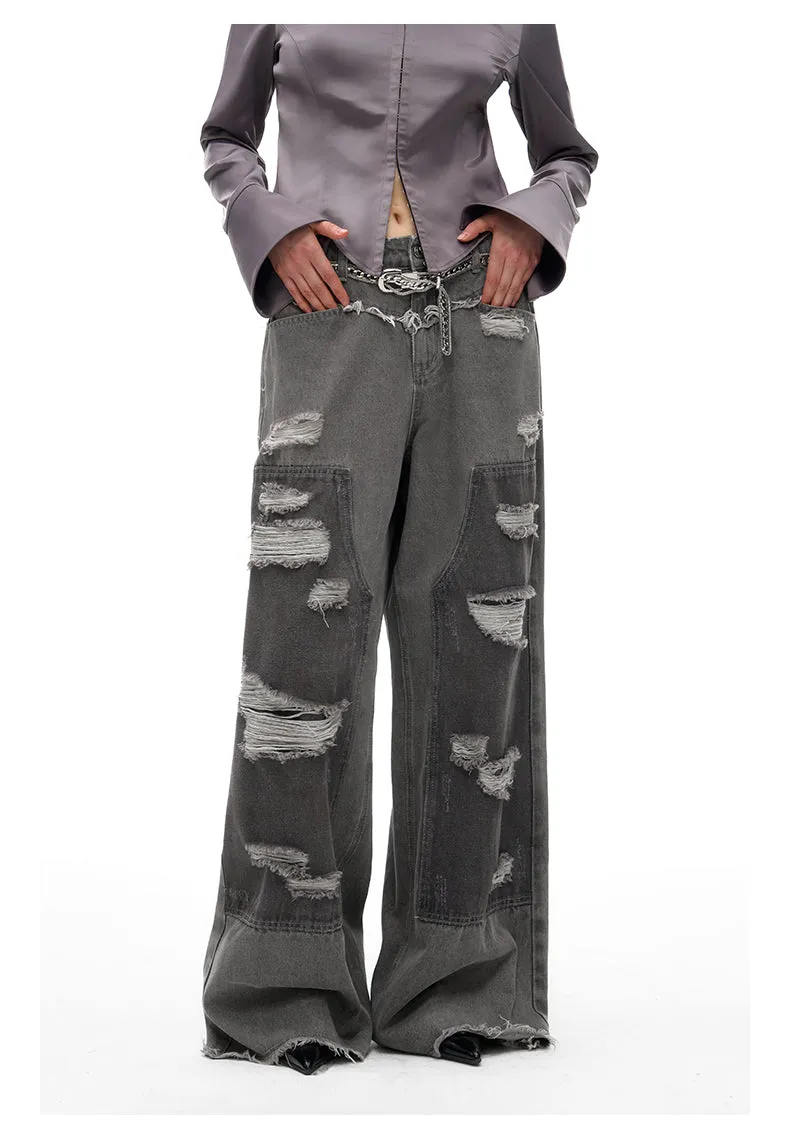 Street Design Contrast Ripped Denim Pants