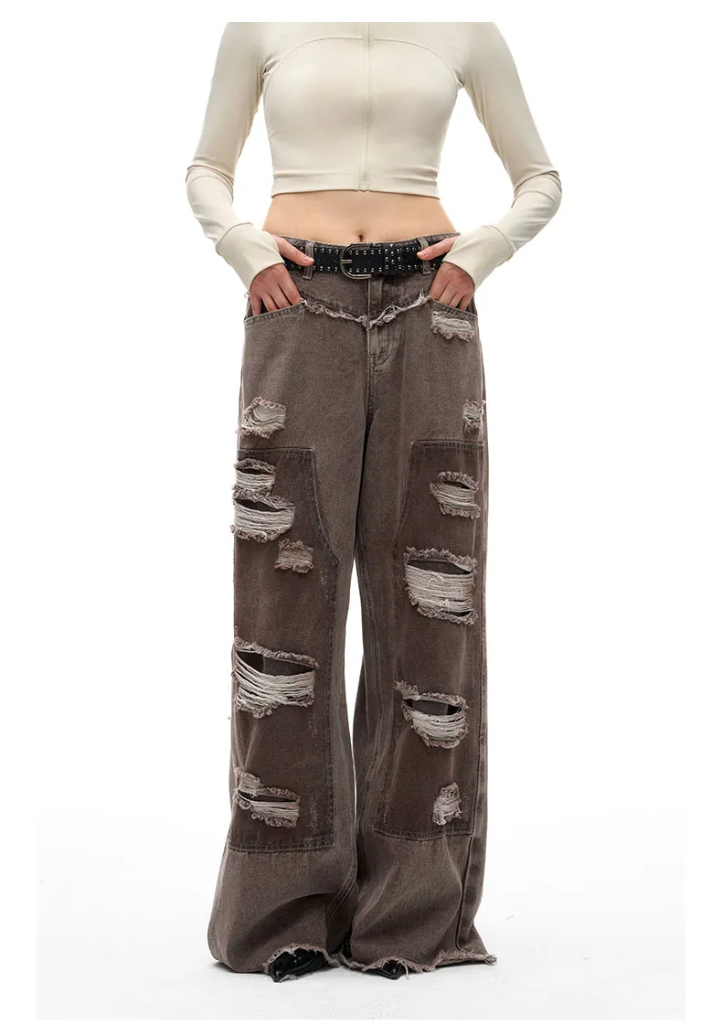 Street Design Contrast Ripped Denim Pants