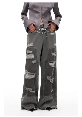 Street Design Contrast Ripped Denim Pants