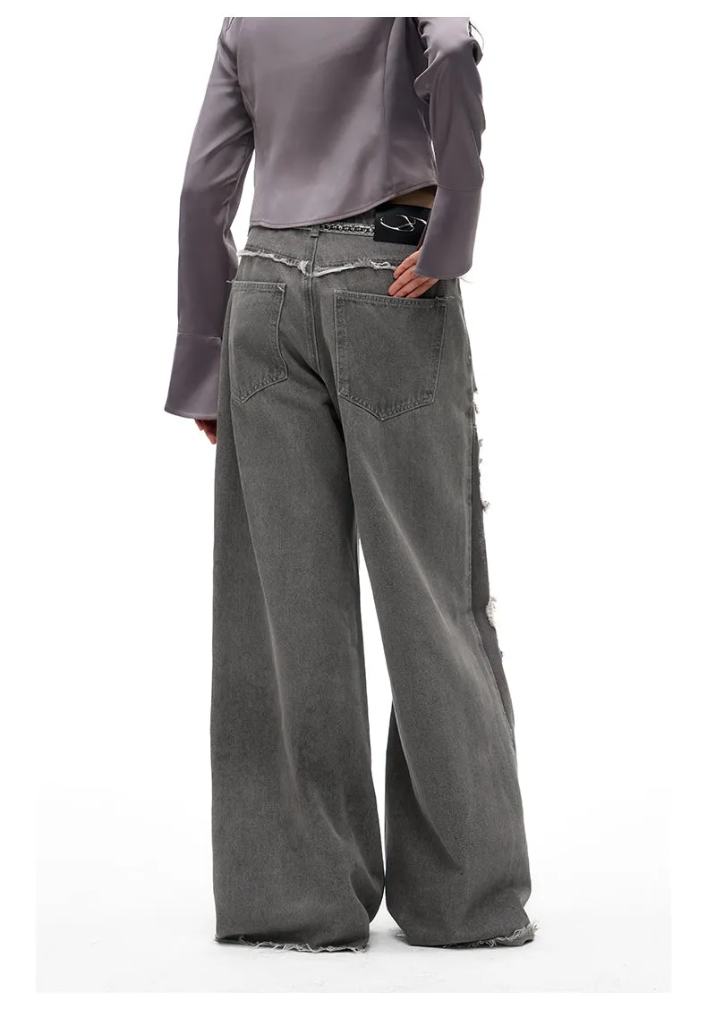 Street Design Contrast Ripped Denim Pants