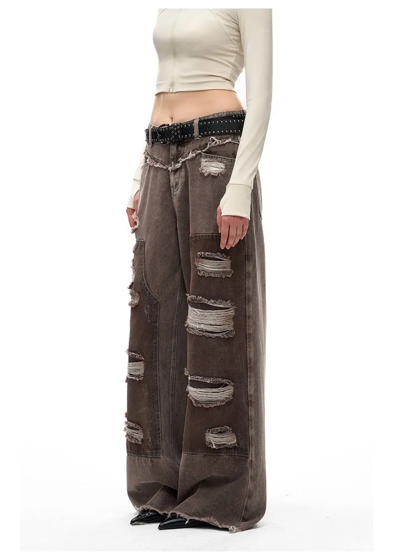 Street Design Contrast Ripped Denim Pants