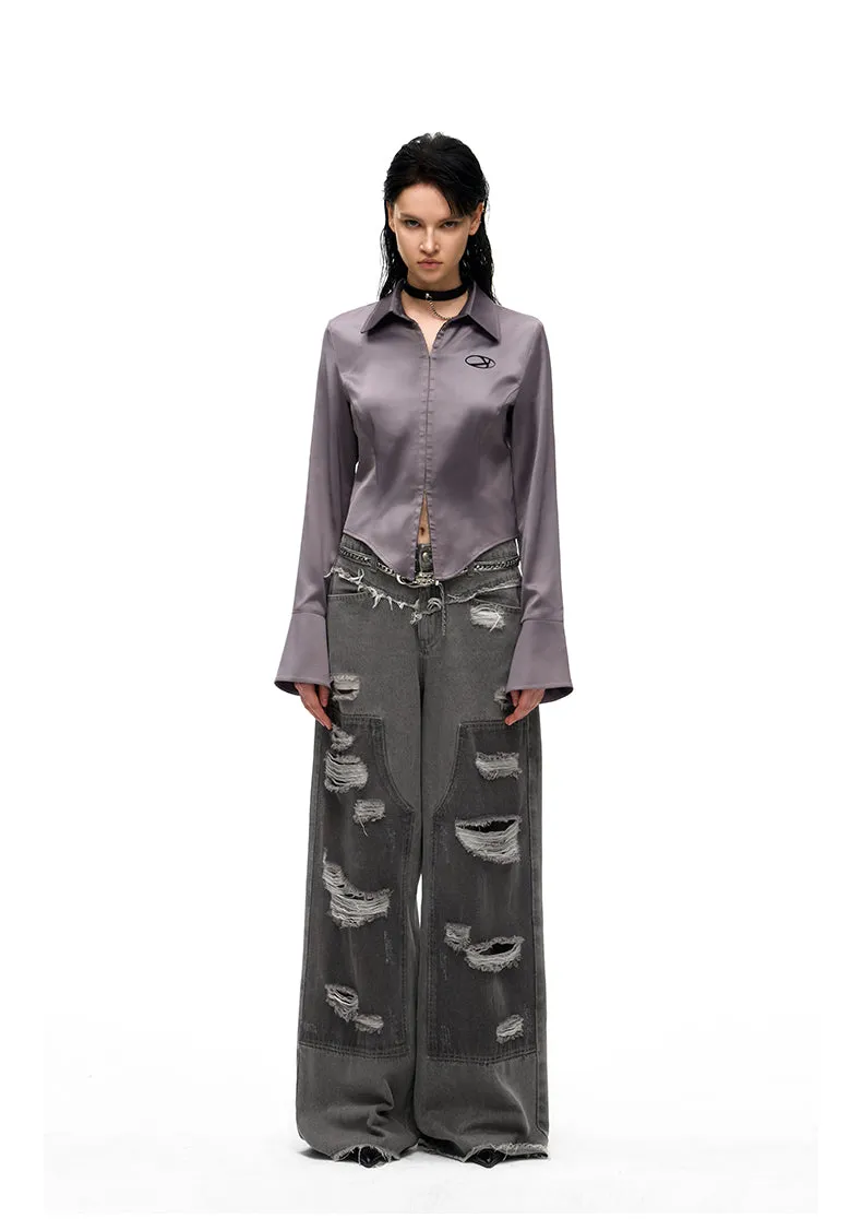 Street Design Contrast Ripped Denim Pants
