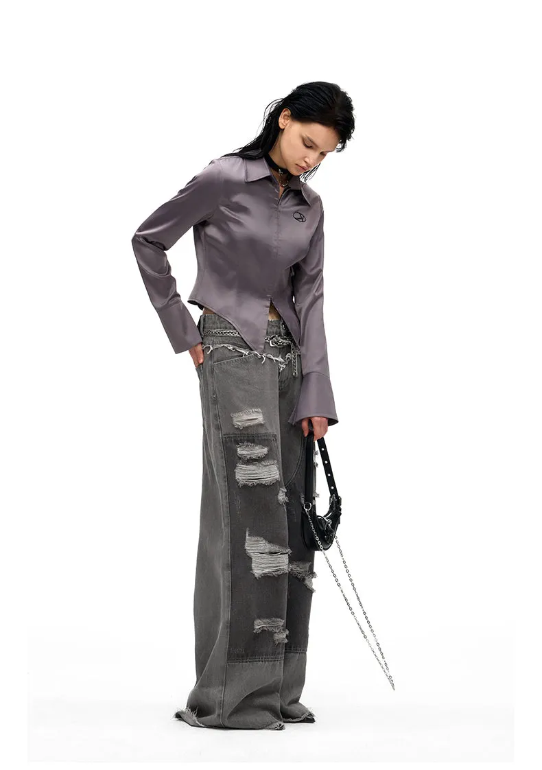 Street Design Contrast Ripped Denim Pants