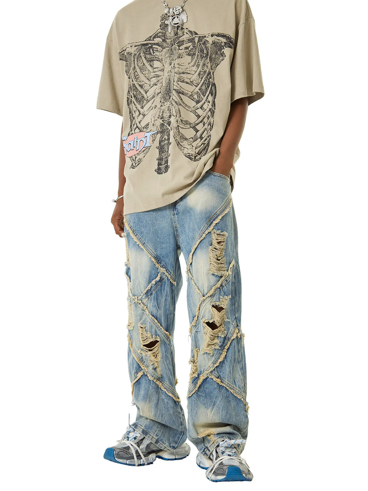 Thesupermade Heavy Washed Ripped Plaid Stitching Hip-Hop Jeans - 2174