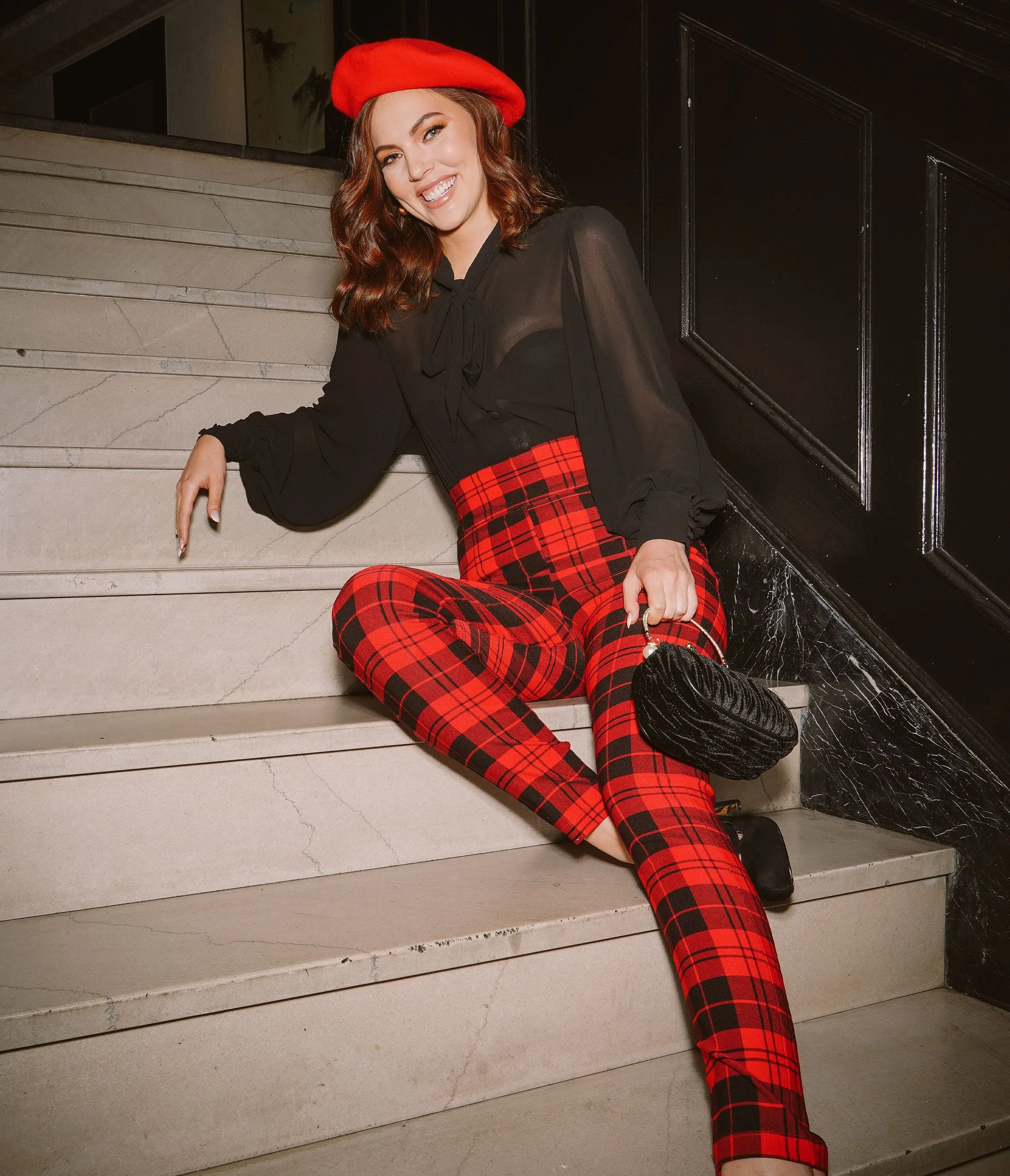 Unique Vintage Red & Black Plaid Stretch High Waist Rizzo Cigarette Pants