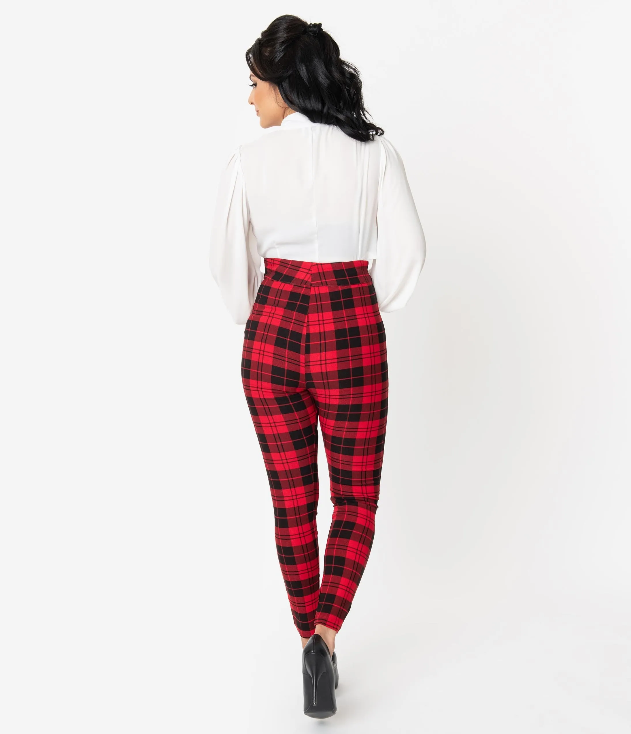 Unique Vintage Red & Black Plaid Stretch High Waist Rizzo Cigarette Pants
