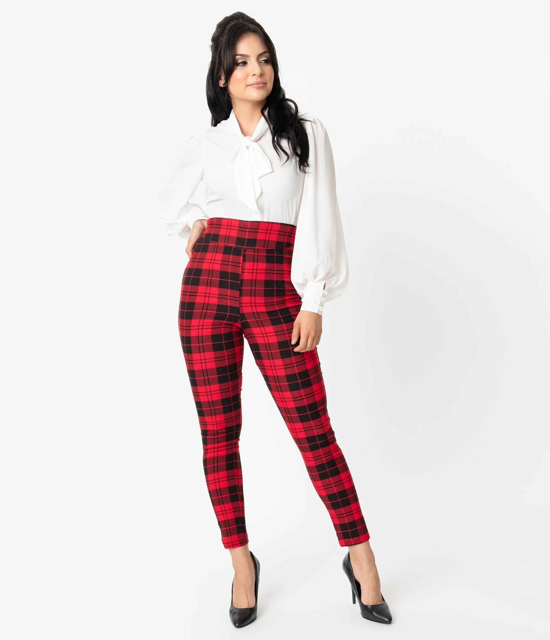 Unique Vintage Red & Black Plaid Stretch High Waist Rizzo Cigarette Pants