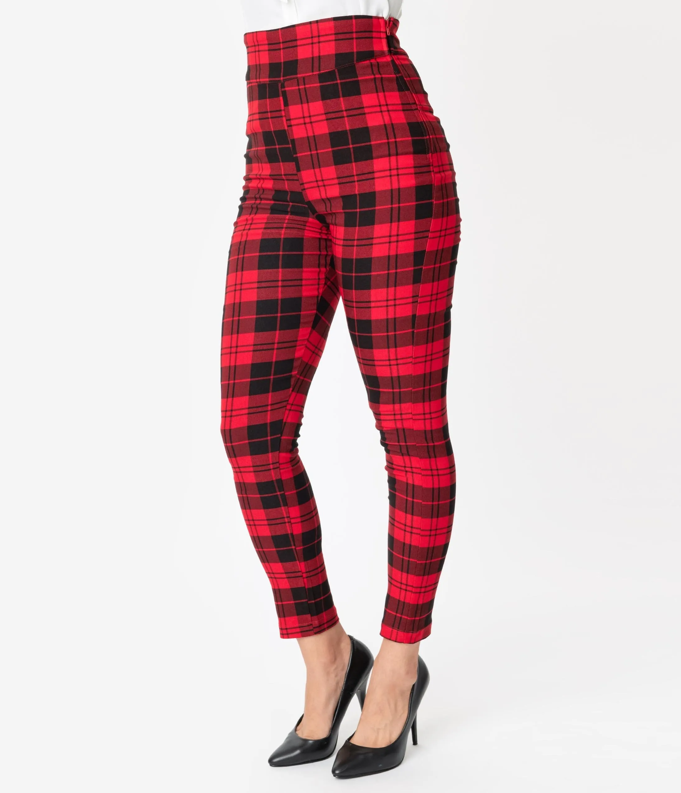 Unique Vintage Red & Black Plaid Stretch High Waist Rizzo Cigarette Pants