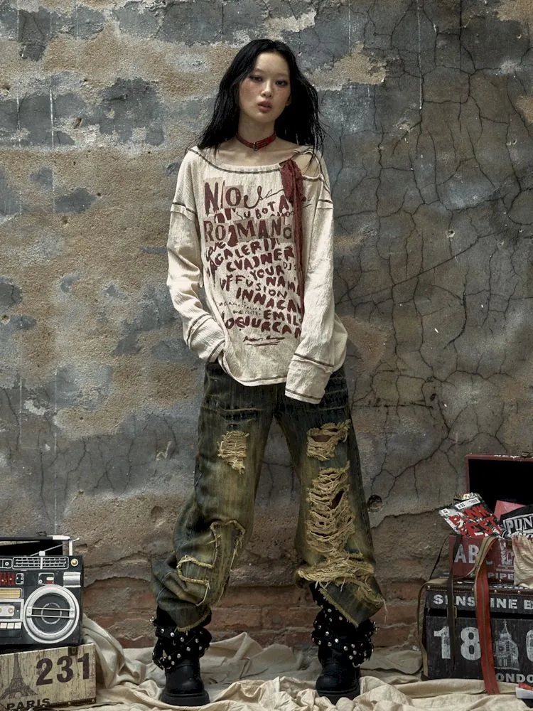 Washed ripped holes loose wide leg jeans【s0000009756】
