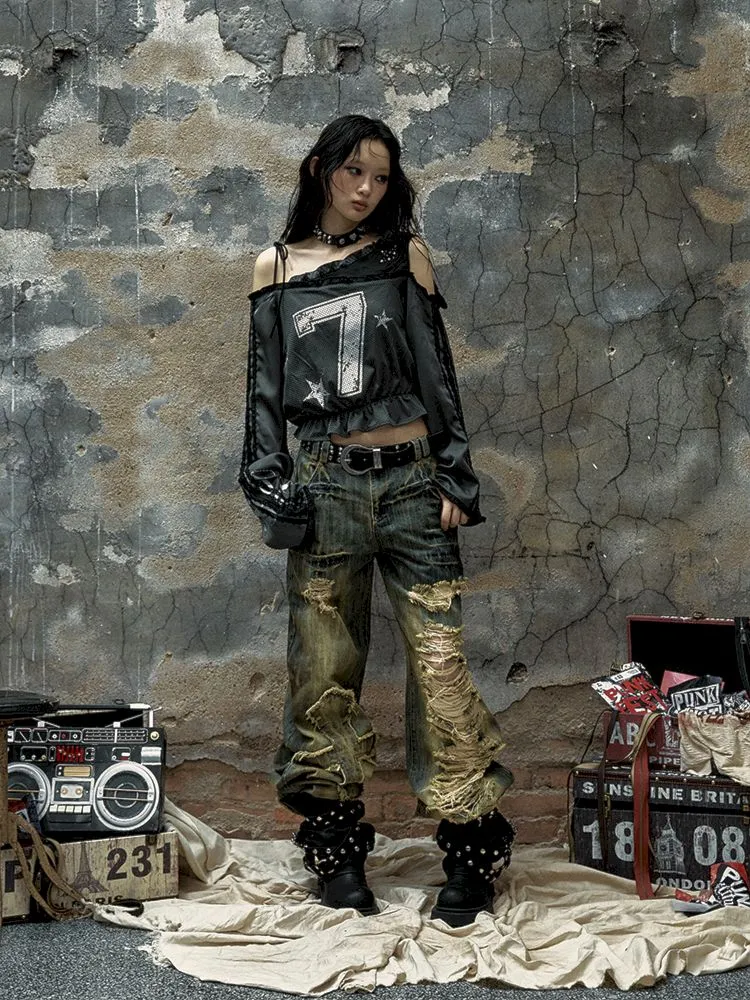 Washed ripped holes loose wide leg jeans【s0000009756】